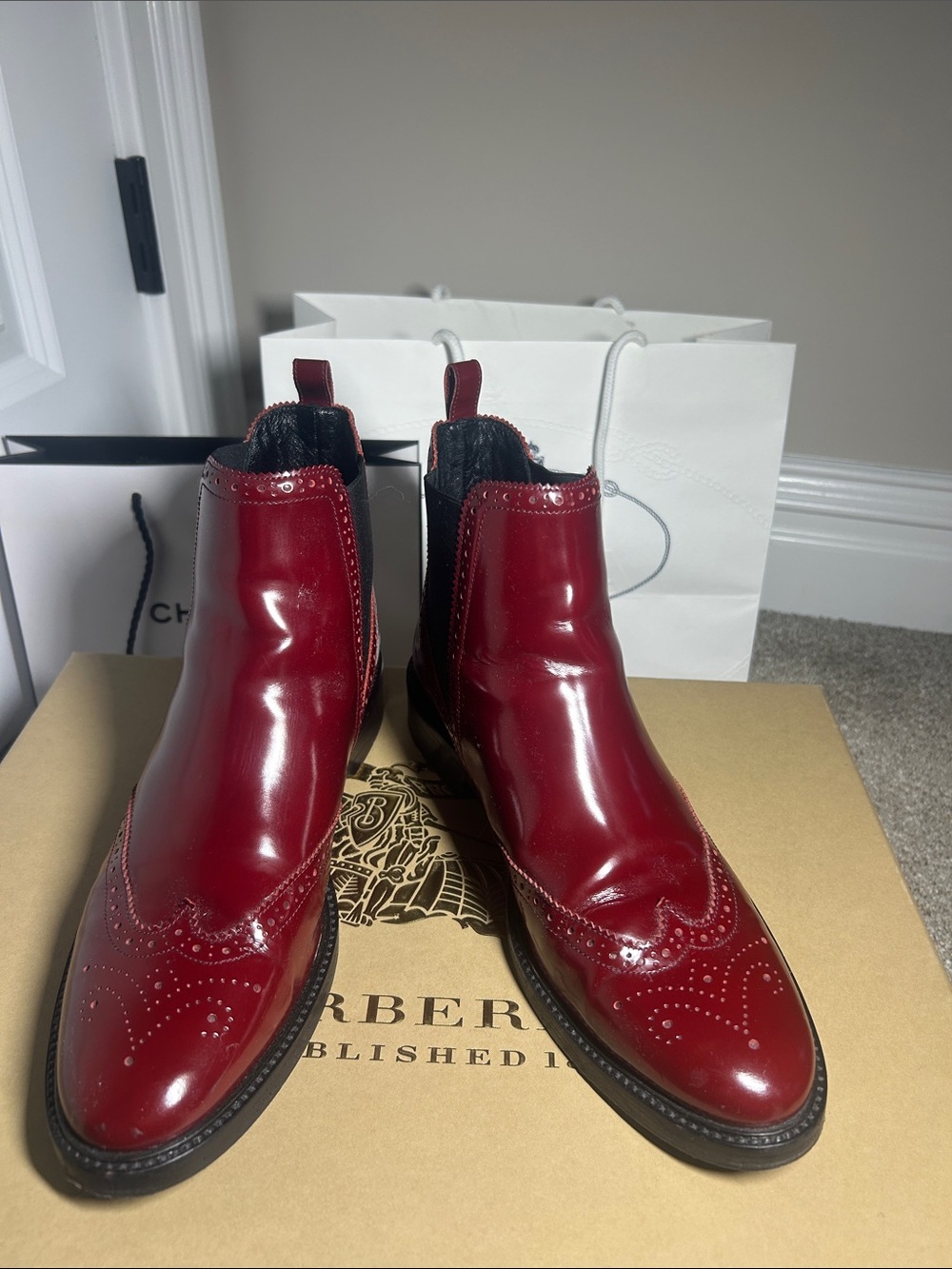 Burberry Red Patent Leather Wingtip Chelsea Booties